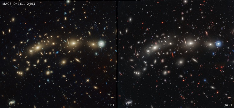 Imagens do aglomerado MACS0416 feitas pelo Hubble (esquerda) e James Webb (direita)